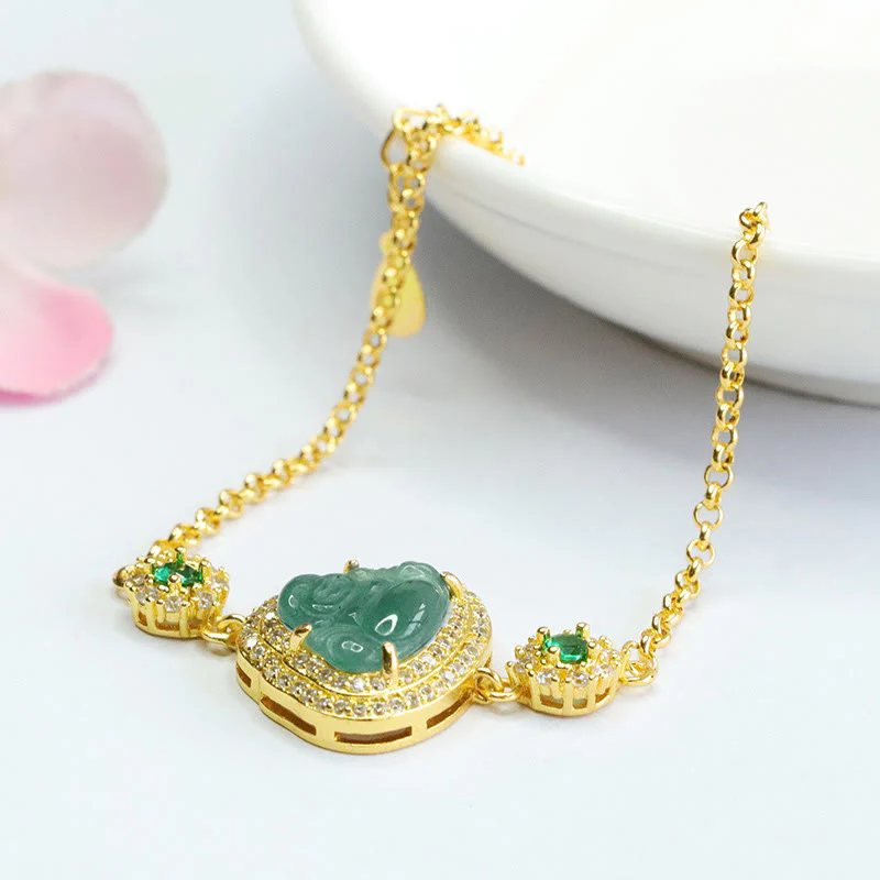 Braccialetto a catena con zirconi verdi e giada Buddha Stones Laughing Buddha - Image 4