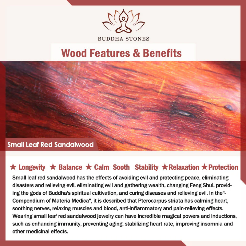 Braccialetto di rilassamento in legno di sandalo rosso con foglie piccole tibetane Buddha Stones - Image 8