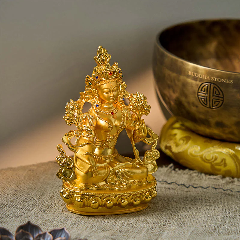 Buddha Stones Bodhisattva Tara Bianca Speranza Protezione Statua Placcata Oro Decorazione - Image 3