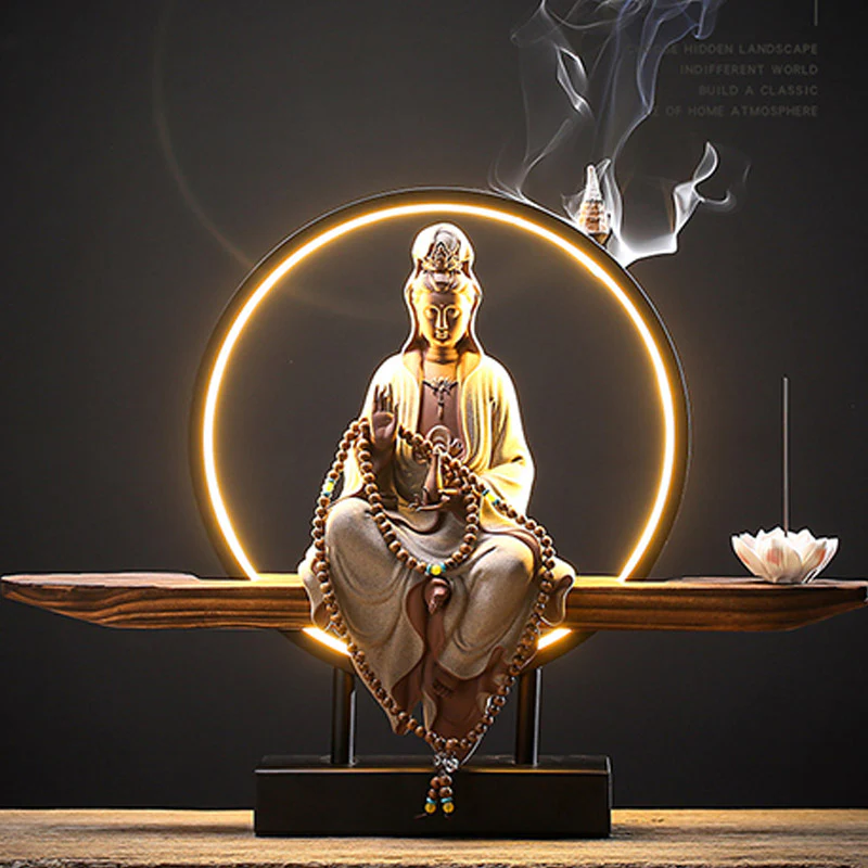 Buddha Stones Buddha Avalokitesvara Ceramica Loto Rilassamento Bruciatore di Incenso Decorazione - Image 10