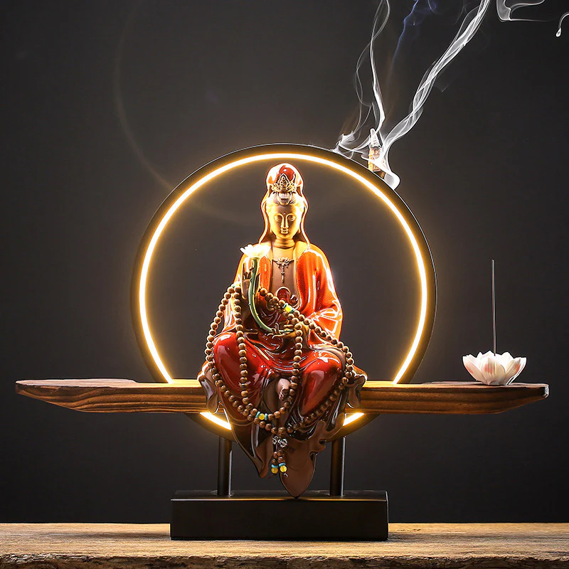 Buddha Stones Buddha Avalokitesvara Ceramica Loto Rilassamento Bruciatore di Incenso Decorazione - Image 3