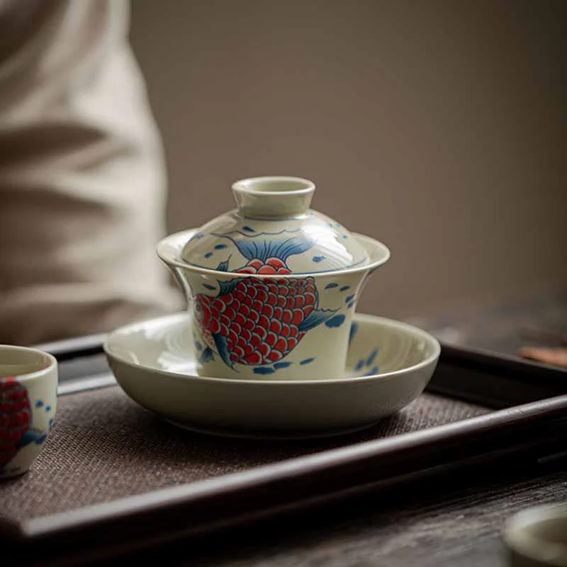 Buddha Stones Koi Fish Arowana Ceramica Gaiwan Sancai Tazza da tè Kung Fu Tazza da tè con coperchio 130ml - Image 14