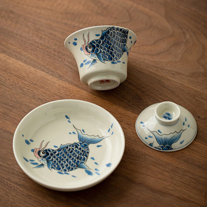 Buddha Stones Koi Fish Arowana Ceramica Gaiwan Sancai Tazza da tè Kung Fu Tazza da tè con coperchio 130ml - Image 19