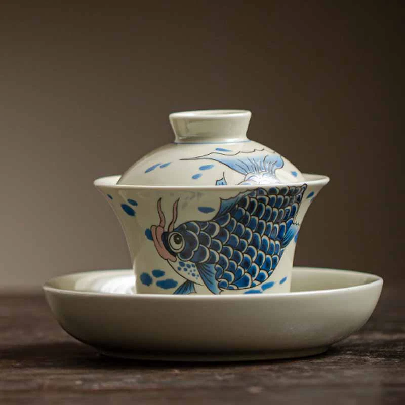 Buddha Stones Koi Fish Arowana Ceramica Gaiwan Sancai Tazza da tè Kung Fu Tazza da tè con coperchio 130ml - Image 20
