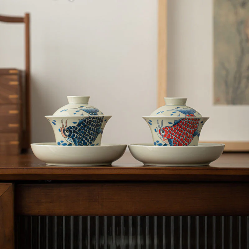Buddha Stones Koi Fish Arowana Ceramica Gaiwan Sancai Tazza da tè Kung Fu Tazza da tè con coperchio 130ml - Image 24