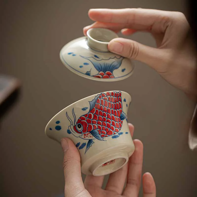 Buddha Stones Koi Fish Arowana Ceramica Gaiwan Sancai Tazza da tè Kung Fu Tazza da tè con coperchio 130ml - Image 28