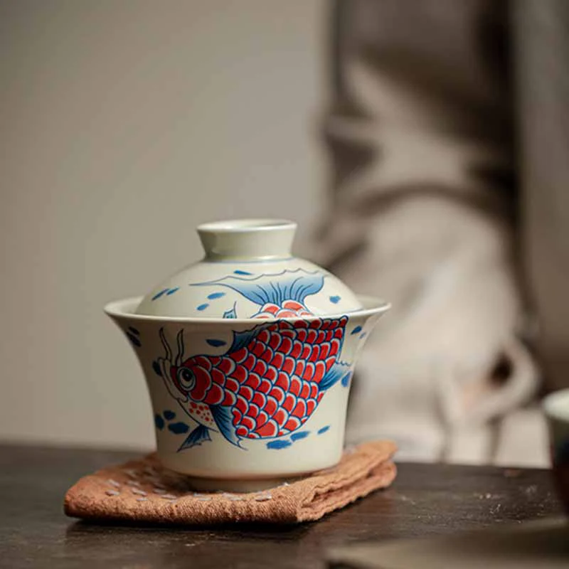 Buddha Stones Koi Fish Arowana Ceramica Gaiwan Sancai Tazza da tè Kung Fu Tazza da tè con coperchio 130ml - Image 29