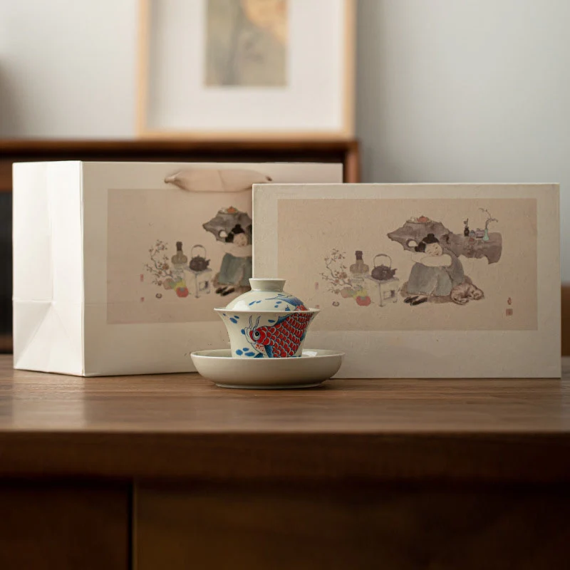 Buddha Stones Koi Fish Arowana Ceramica Gaiwan Sancai Tazza da tè Kung Fu Tazza da tè con coperchio 130ml - Image 33