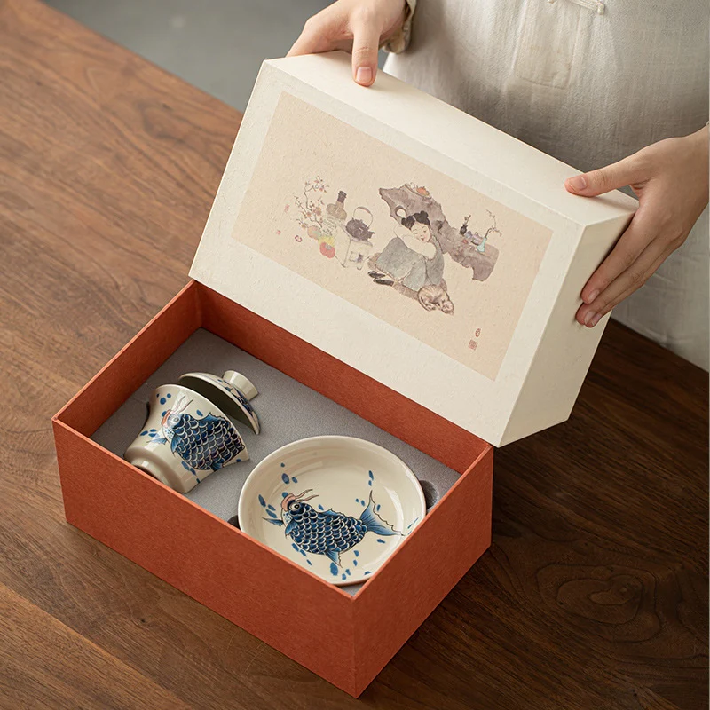 Buddha Stones Koi Fish Arowana Ceramica Gaiwan Sancai Tazza da tè Kung Fu Tazza da tè con coperchio 130ml - Image 35