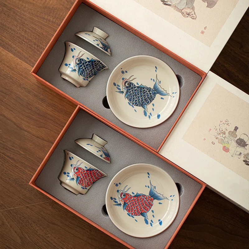 Buddha Stones Koi Fish Arowana Ceramica Gaiwan Sancai Tazza da tè Kung Fu Tazza da tè con coperchio 130ml - Image 36