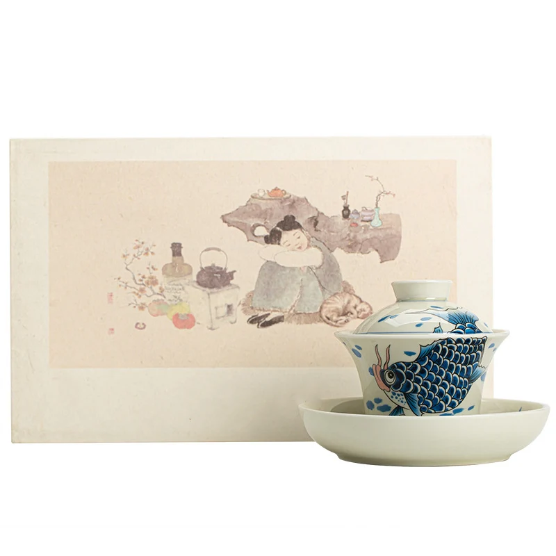 Buddha Stones Koi Fish Arowana Ceramica Gaiwan Sancai Tazza da tè Kung Fu Tazza da tè con coperchio 130ml - Image 38