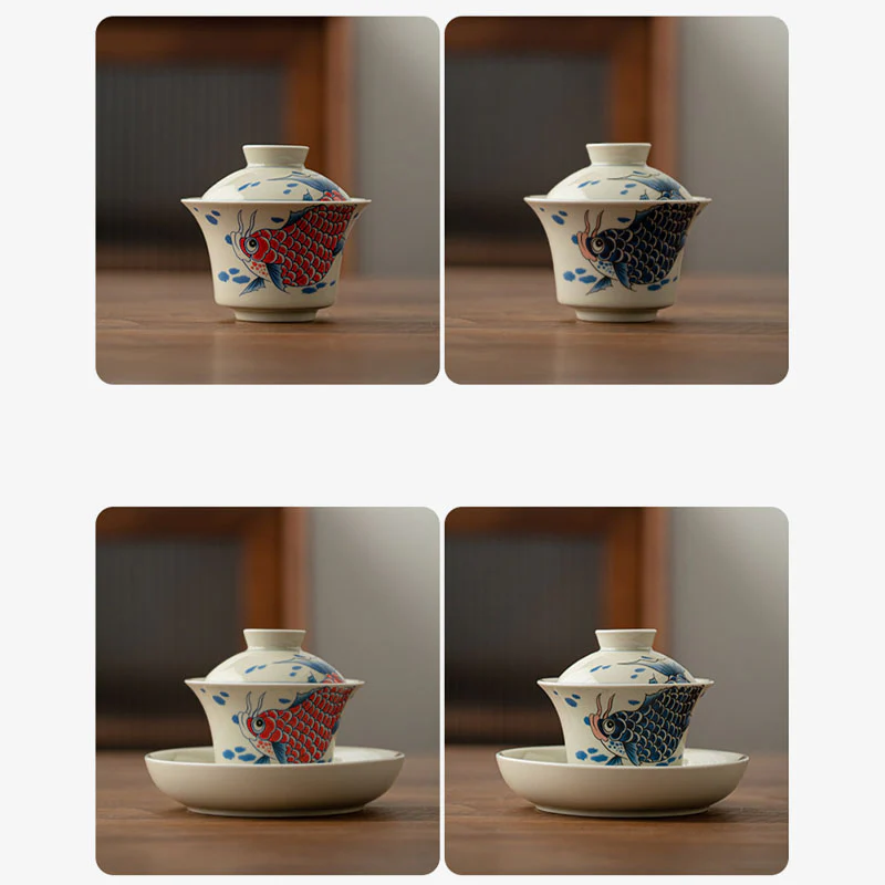 Buddha Stones Koi Fish Arowana Ceramica Gaiwan Sancai Tazza da tè Kung Fu Tazza da tè con coperchio 130ml - Image 39