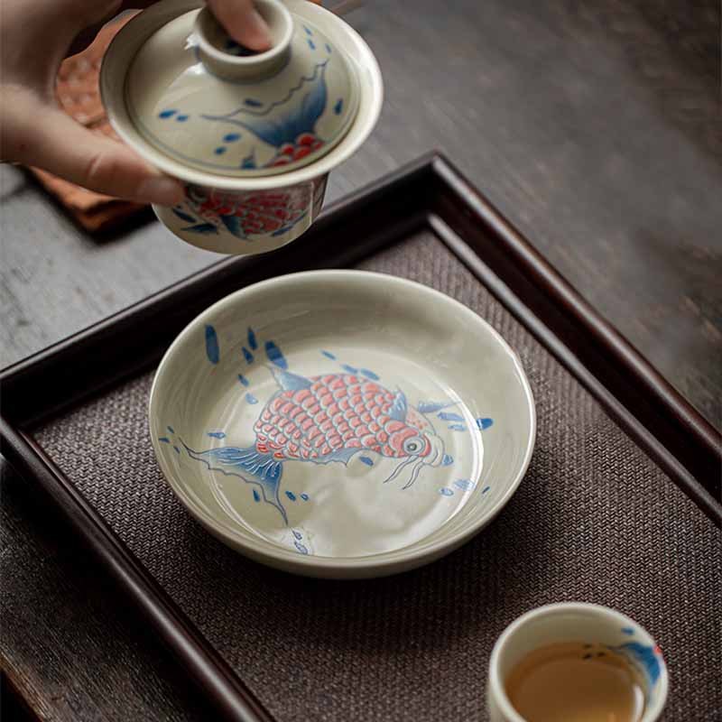 Buddha Stones Koi Fish Arowana Ceramica Gaiwan Sancai Tazza da tè Kung Fu Tazza da tè con coperchio 130ml - Image 8
