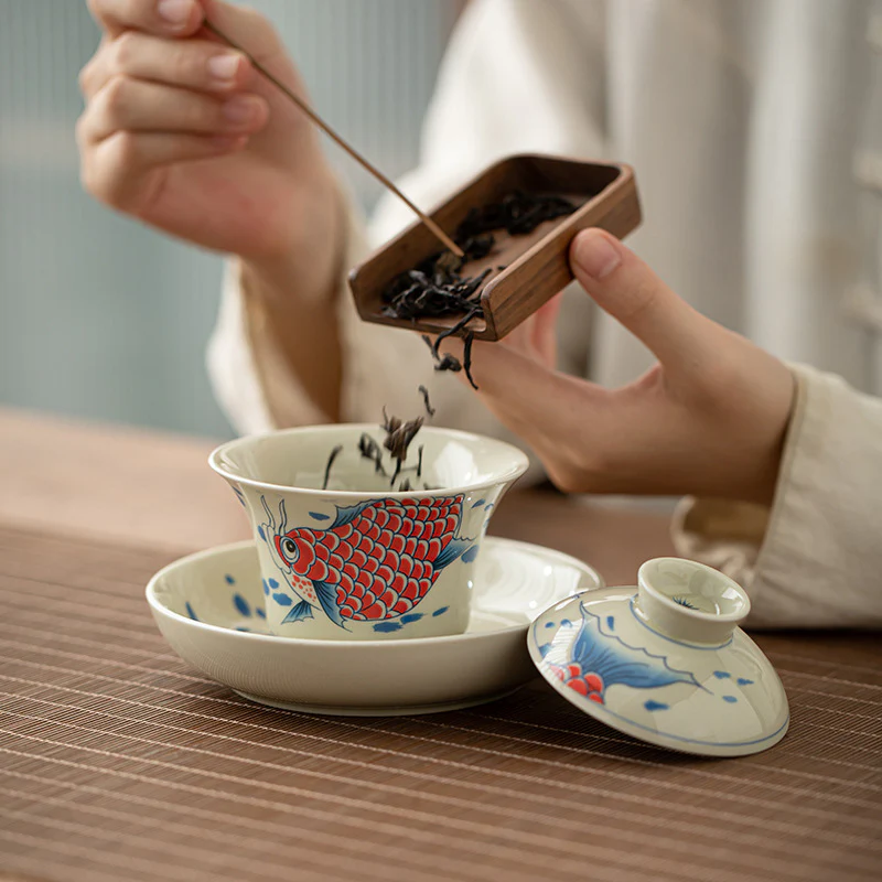 Buddha Stones Koi Fish Arowana Ceramica Gaiwan Sancai Tazza da tè Kung Fu Tazza da tè con coperchio 130ml - Image 9