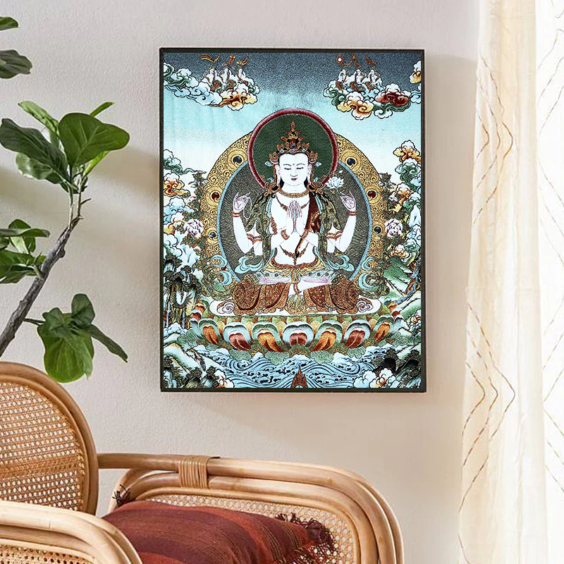 Buddha Stones Ricamo Tibetano Tara Bianca Thangka Arazzo Appeso a Parete Arte della Parete Meditazione per la Decorazione della Casa - Image 13