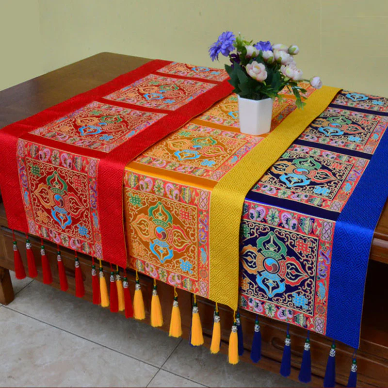 Buddha Stones Tappetino per l'altare della preghiera Man-Bcu Kalachakra Nodo infinito Vajra Simboli tibetani di buon auspicio Nappe Runner da tavolo - Image 4