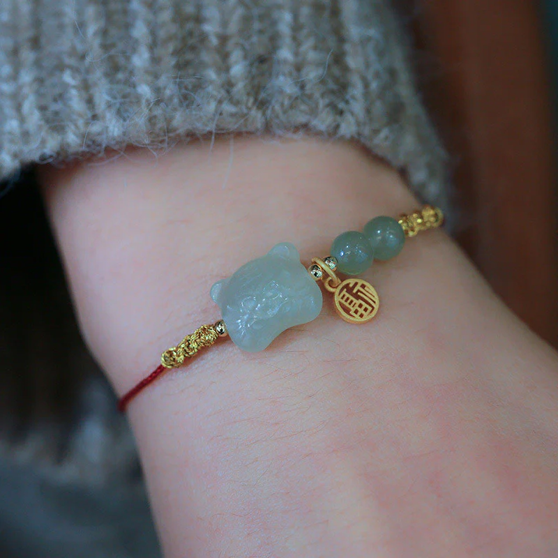 Buddha Stones Zodiaco cinese Tigre Giada Prosperità Braccialetto di corda rossa - Image 6