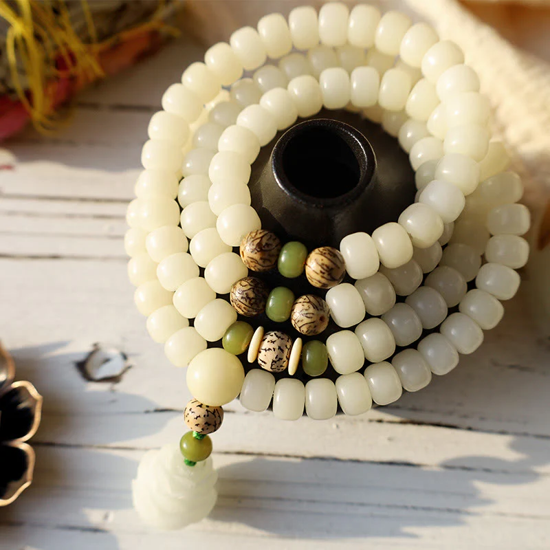 Collana con bracciale in giada bianca Bodhi Lotus Mala Harmony Buddha Stones - Image 4