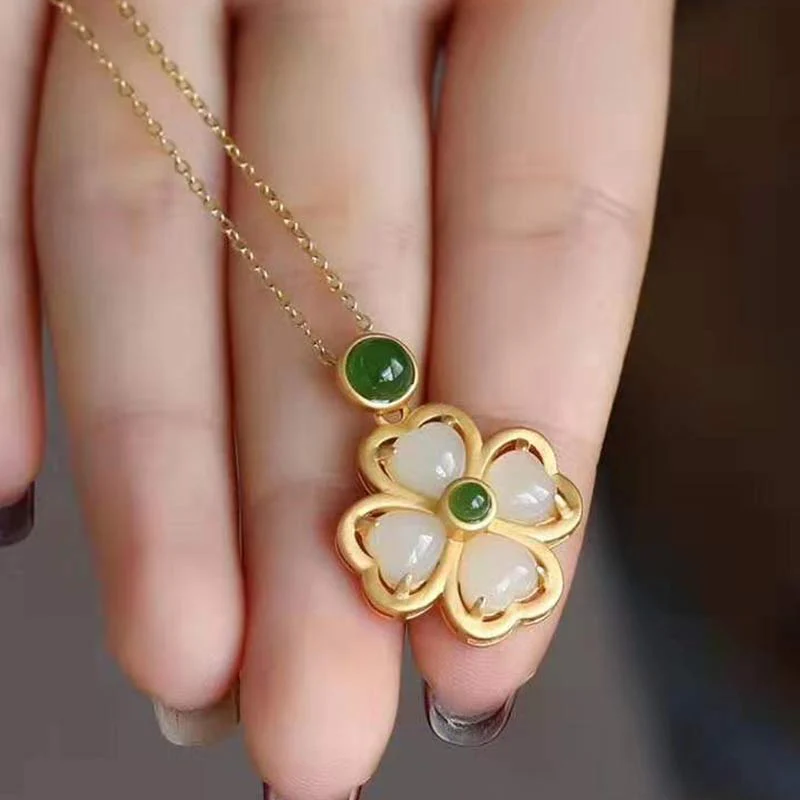 Collana con ciondolo a forma di quadrifoglio fortunato in argento sterling 925 Buddha Stones, giada e prosperità - Image 4