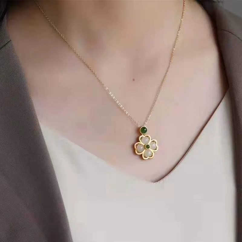Collana con ciondolo a forma di quadrifoglio fortunato in argento sterling 925 Buddha Stones, giada e prosperità - Image 7