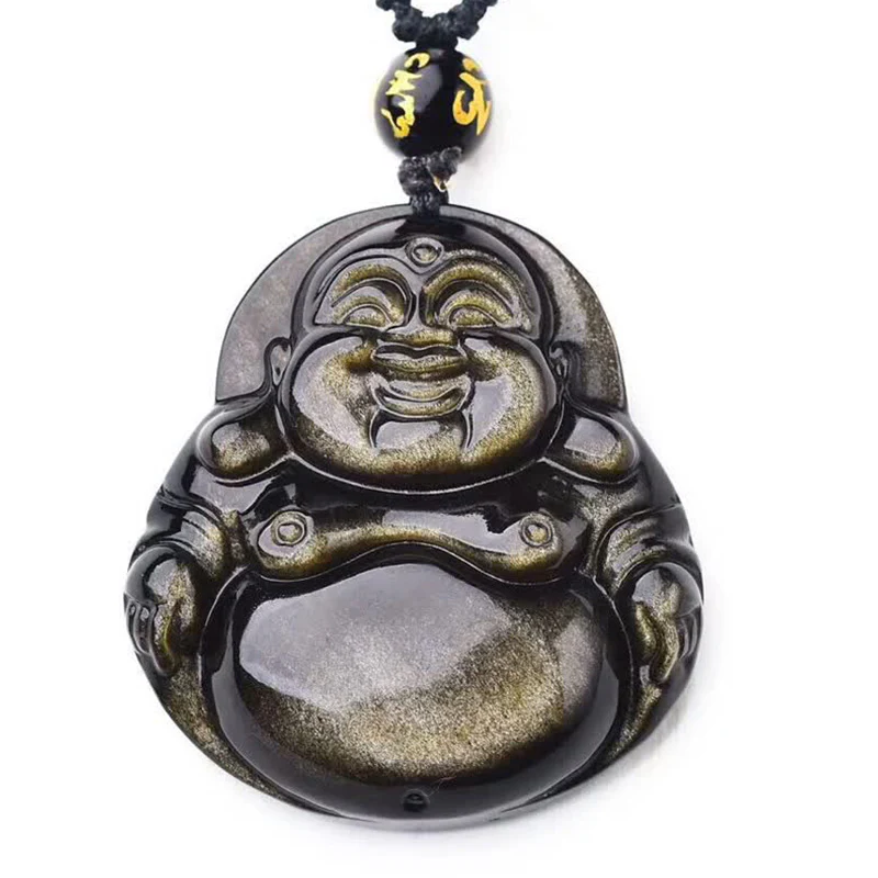 Collana con ciondolo Buddha Stones Laughing Buddha in ossidiana dorata e lucente, ricchezza - Image 7