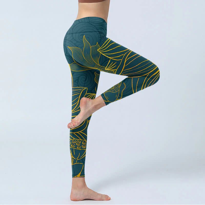 Leggings da palestra con stampa di loto e pesce koi dorato Buddha Stones, pantaloni da yoga da donna - Image 5