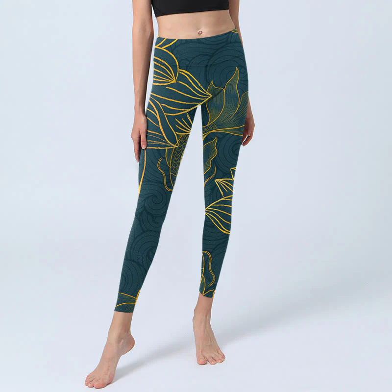 Leggings da palestra con stampa di loto e pesce koi dorato Buddha Stones, pantaloni da yoga da donna - Image 7