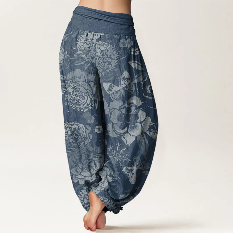 Pantaloni harem da donna con elastico in vita, in cotone, casual, con fiori di peonia e foglie, motivo Buddha Stones - Image 10