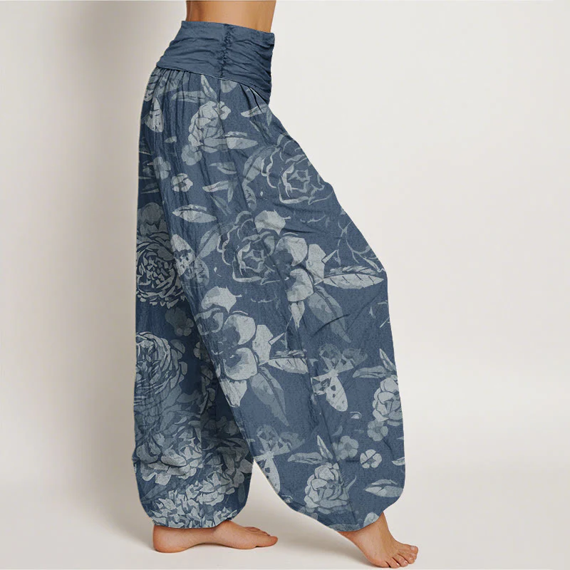 Pantaloni harem da donna con elastico in vita, in cotone, casual, con fiori di peonia e foglie, motivo Buddha Stones - Image 9