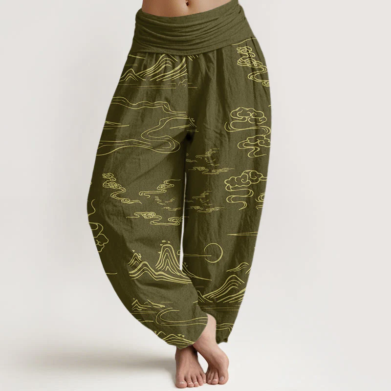 Pantaloni harem da donna con elastico in vita, motivo Buddha Stones Cotton Mountain Moon e nuvole di buon auspicio - Image 11