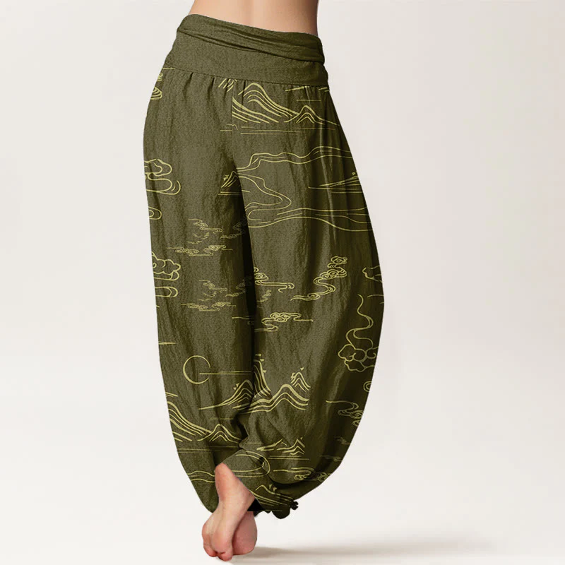 Pantaloni harem da donna con elastico in vita, motivo Buddha Stones Cotton Mountain Moon e nuvole di buon auspicio - Image 13