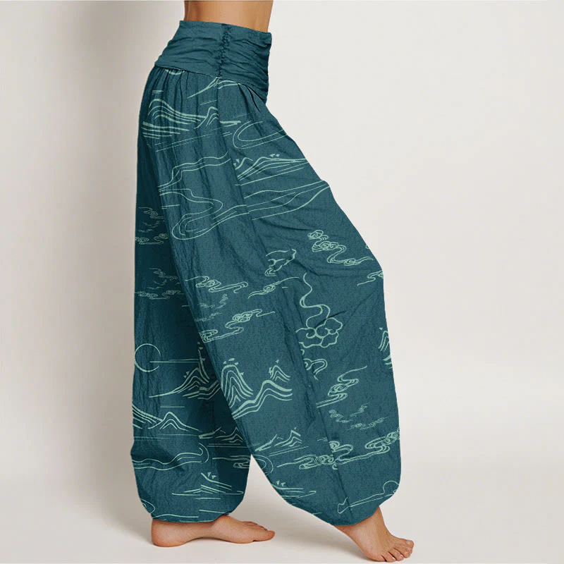 Pantaloni harem da donna con elastico in vita, motivo Buddha Stones Cotton Mountain Moon e nuvole di buon auspicio - Image 15