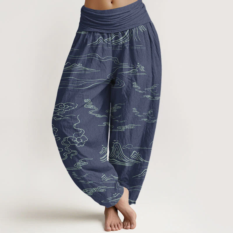 Pantaloni harem da donna con elastico in vita, motivo Buddha Stones Cotton Mountain Moon e nuvole di buon auspicio - Image 5