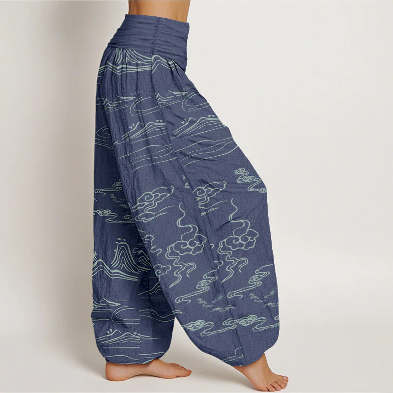Pantaloni harem da donna con elastico in vita, motivo Buddha Stones Cotton Mountain Moon e nuvole di buon auspicio - Image 6