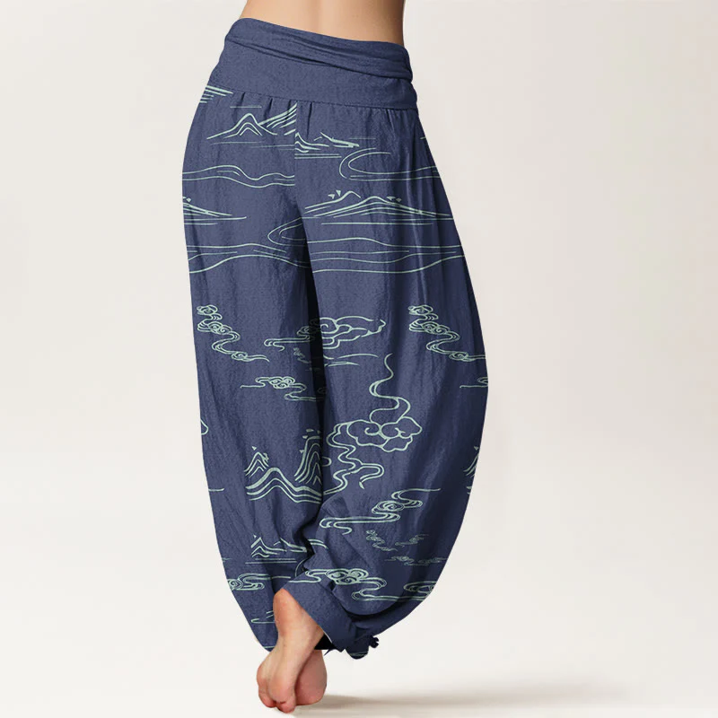 Pantaloni harem da donna con elastico in vita, motivo Buddha Stones Cotton Mountain Moon e nuvole di buon auspicio - Image 7