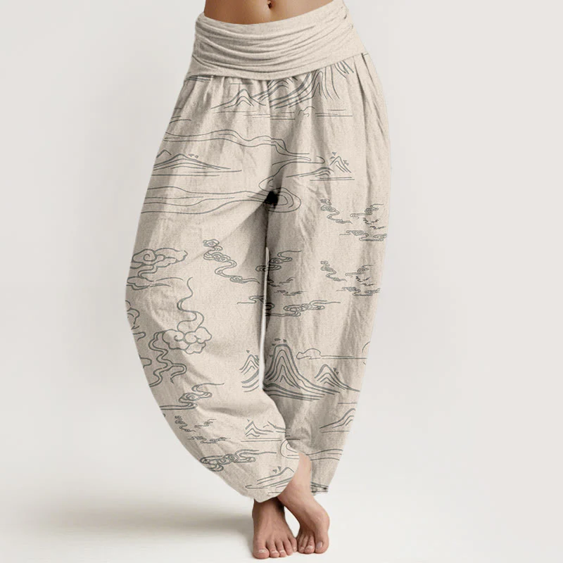 Pantaloni harem da donna con elastico in vita, motivo Buddha Stones Cotton Mountain Moon e nuvole di buon auspicio - Image 8
