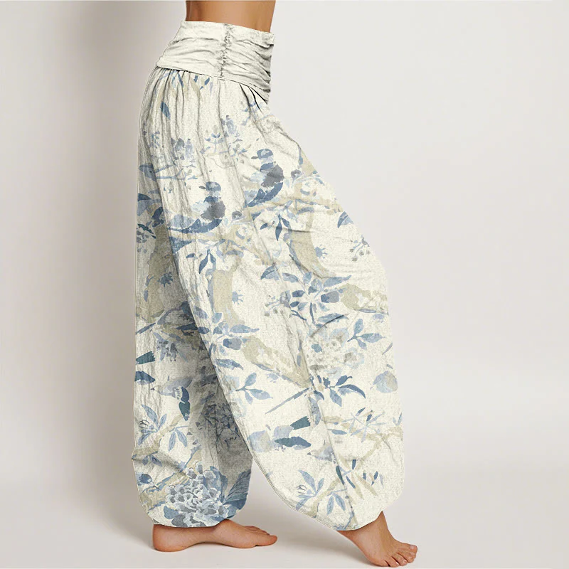 Pantaloni harem da donna con elastico in vita, motivo Buddha Stones Cotton Birds Branch Flowers - Image 3