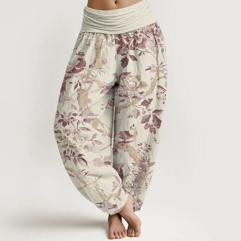 Pantaloni harem da donna con elastico in vita, motivo Buddha Stones Cotton Birds Branch Flowers - Image 5