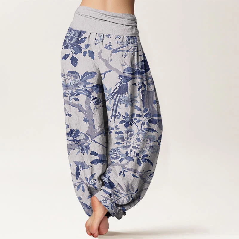 Pantaloni harem da donna con elastico in vita, motivo Buddha Stones Cotton Birds Branch Flowers - Image 9