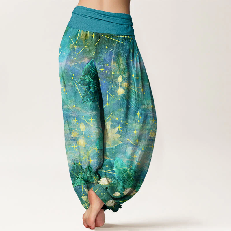 Pantaloni harem da donna con elastico in vita, in cotone, con motivo a pesce koi, loto, luna e stelle, motivo Buddha Stones - Image 10