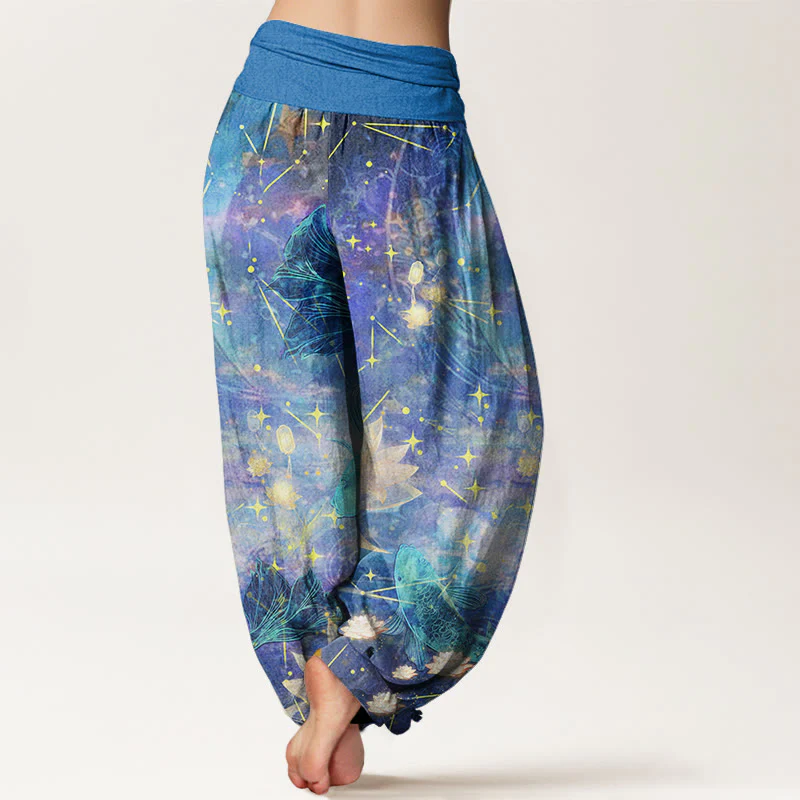 Pantaloni harem da donna con elastico in vita, in cotone, con motivo a pesce koi, loto, luna e stelle, motivo Buddha Stones - Image 3
