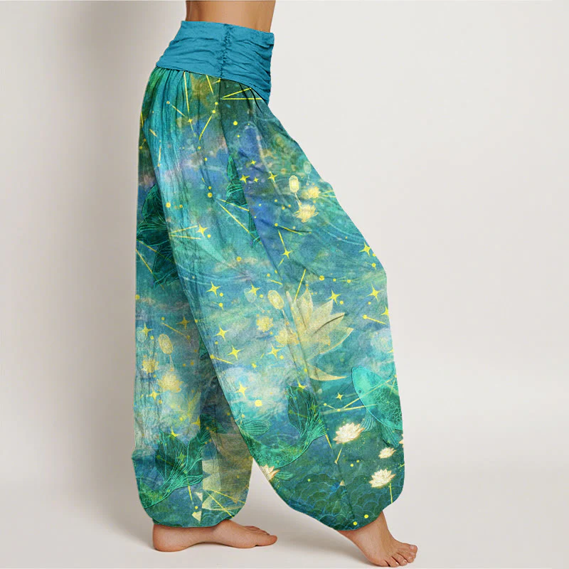 Pantaloni harem da donna con elastico in vita, in cotone, con motivo a pesce koi, loto, luna e stelle, motivo Buddha Stones - Image 9