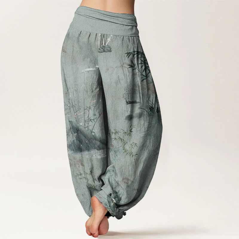 Pantaloni harem da donna con elastico in vita, in cotone, casual, in bambù, con pittura a inchiostro e pietre Buddha Stones - Image 10