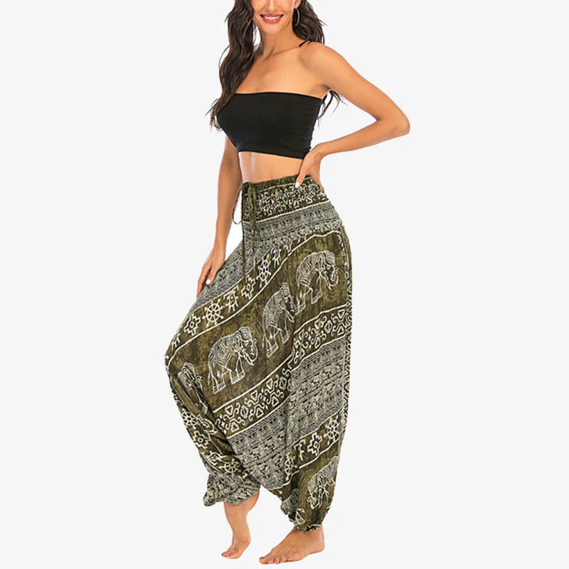 Pantaloni harem larghi e arricciati con motivo a elefante, tuta da yoga da donna, stile Buddha Stones, due stili - Image 17