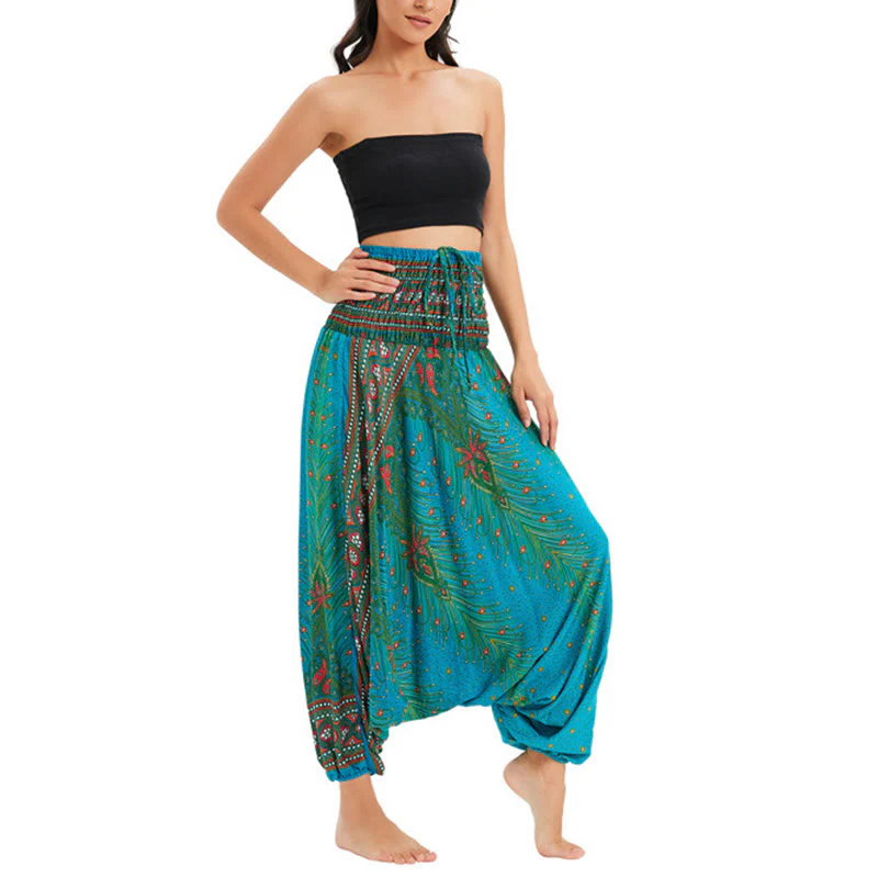 Pantaloni harem larghi e arricciati in piuma di pavone, pantaloni a vita alta, tuta, Buddha Stones Two Style - Image 26