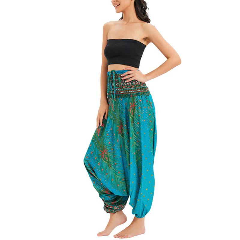 Pantaloni harem larghi e arricciati in piuma di pavone, pantaloni a vita alta, tuta, Buddha Stones Two Style - Image 28