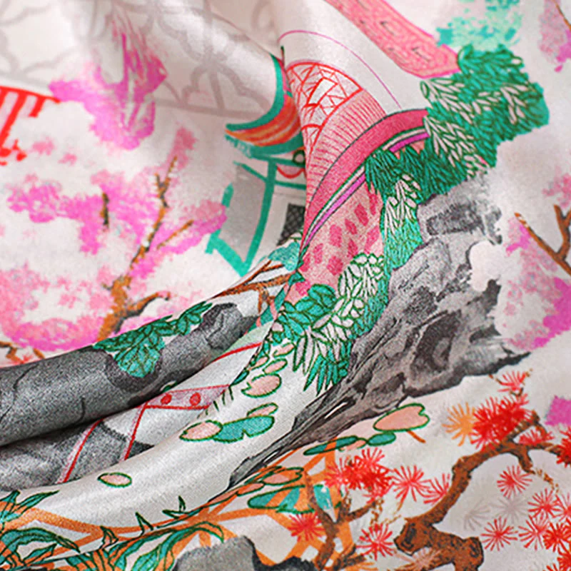 Sciarpa per capelli al collo in seta di gelso al 100%, motivo: Buddha Stones , scena pastorale, mongolfiera, fiori primaverili - Image 18