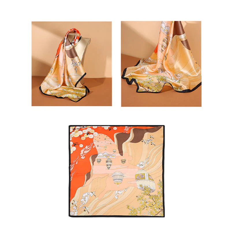 Sciarpa per capelli al collo in seta di gelso al 100%, motivo: Buddha Stones , scena pastorale, mongolfiera, fiori primaverili - Image 9